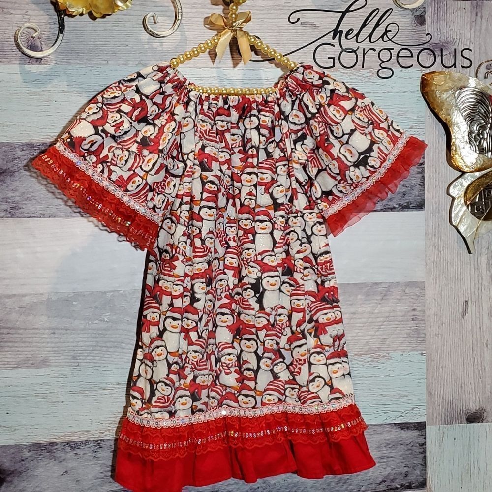 Handmade Girls Sparkly Christmas Penguins Dress Lace, Sz 2T?